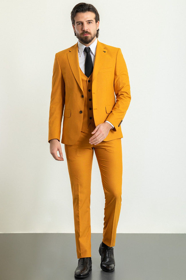 Tea Slim Fit Notch Lapel 3 Piece Mustard Suit