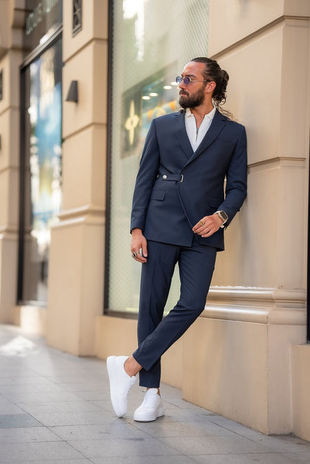 GentWith Tea Navy Blue Slim Fit 2 Piece Double Breasted Buckle Suit