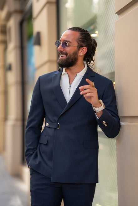 GentWith Tea Navy Blue Slim Fit 2 Piece Double Breasted Buckle Suit
