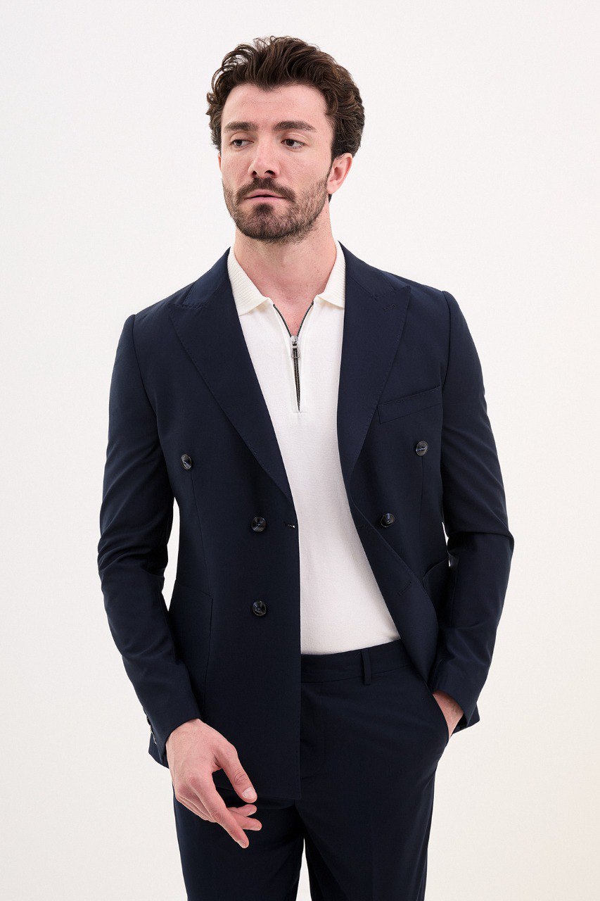 GentWith Tea Navy Blue Slim Fit Double Breasted Suit