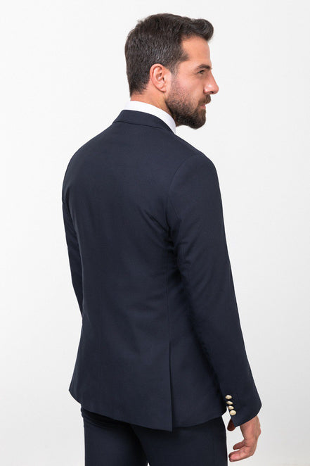Tea Navy Blue Slim Fit Peak Lapel 3 Piece Suit