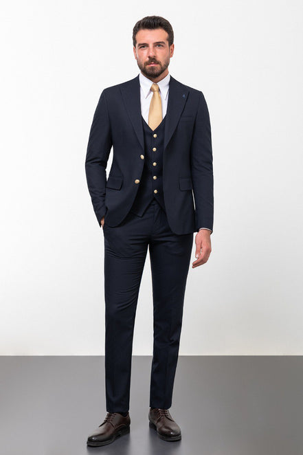 Tea Navy Blue Slim Fit Peak Lapel 3 Piece Suit