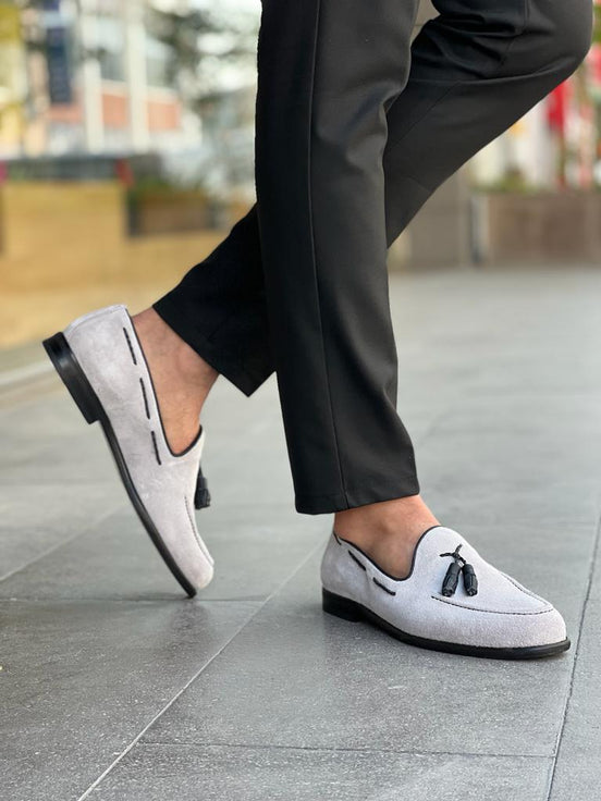 Gray Suede Tassel Loafers