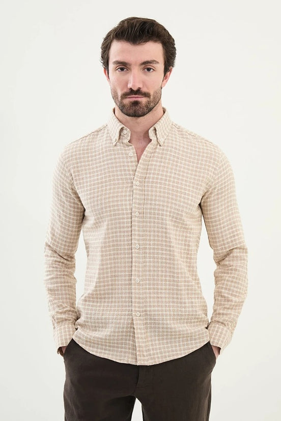 Marina Linen Brown Plaid Shirt