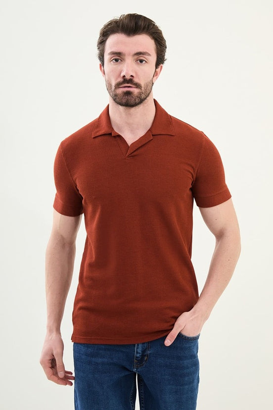 Marina Striped Mens Polo Shirt Rust Brown