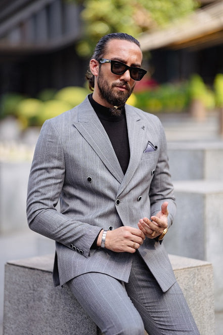 Rapid Gray Slim Fit Peak Lapel Double Breasted Striped Suit