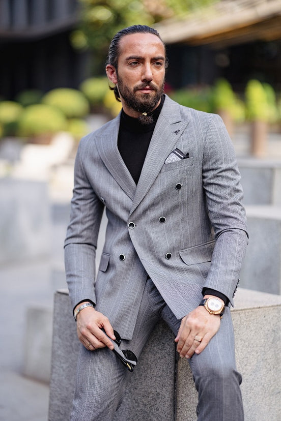 Rapid Gray Slim Fit Peak Lapel Double Breasted Striped Suit