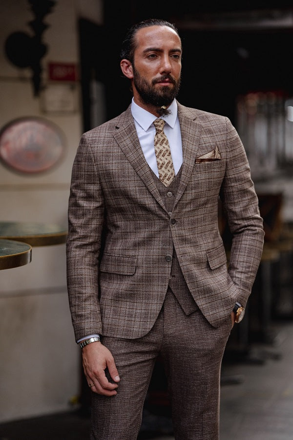 Rapid Brown Slim Fit Notch Lapel 3 Piece Plaid Suit