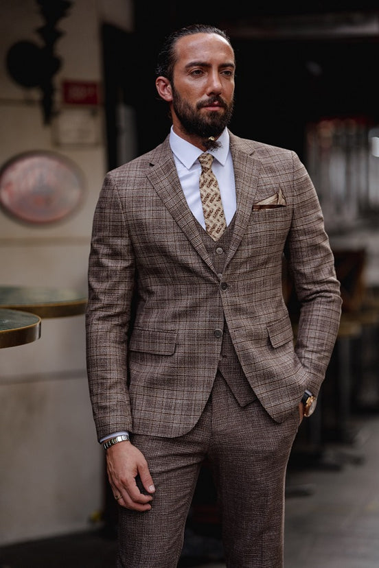 Rapid Brown Slim Fit Notch Lapel 3 Piece Plaid Suit