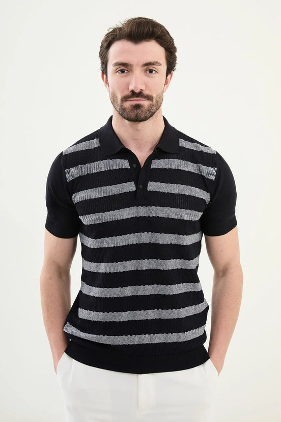 Striped Navy Knit Polo Shirt