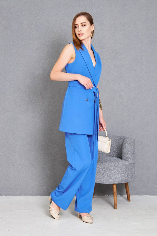 Sleeveless 2 Piece Blue Suit Women