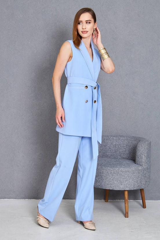 Sleeveless Sky Blue 2 Piece Suit Women