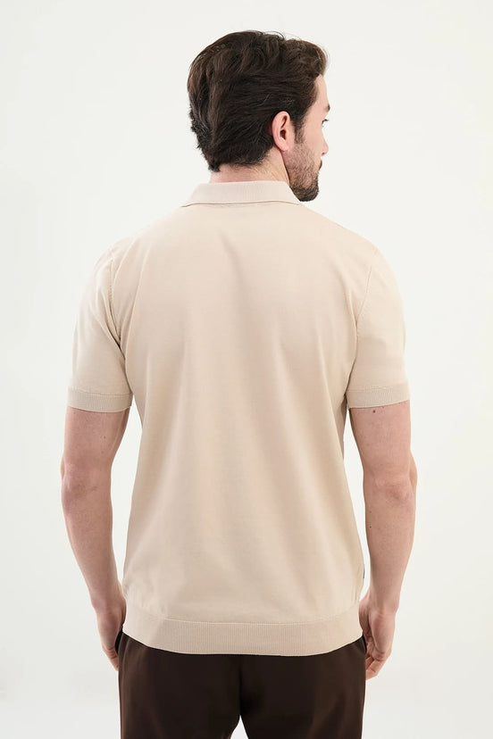 Striped Beige Knit Polo Shirt