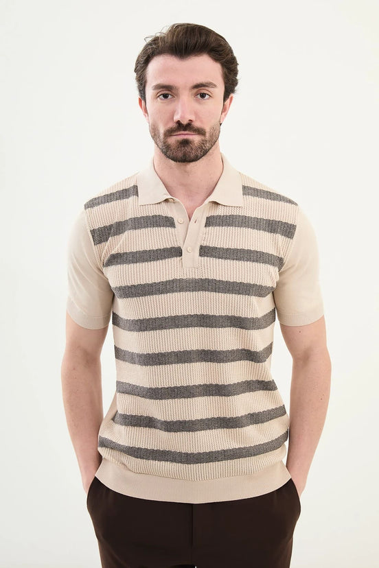 Striped Beige Knit Polo Shirt