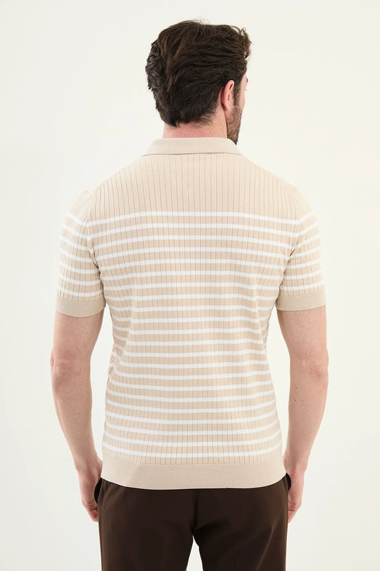 Striped Beige Ribbed Polo Shirt