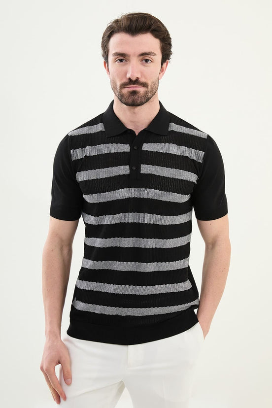 Striped Black Knit Polo Shirt