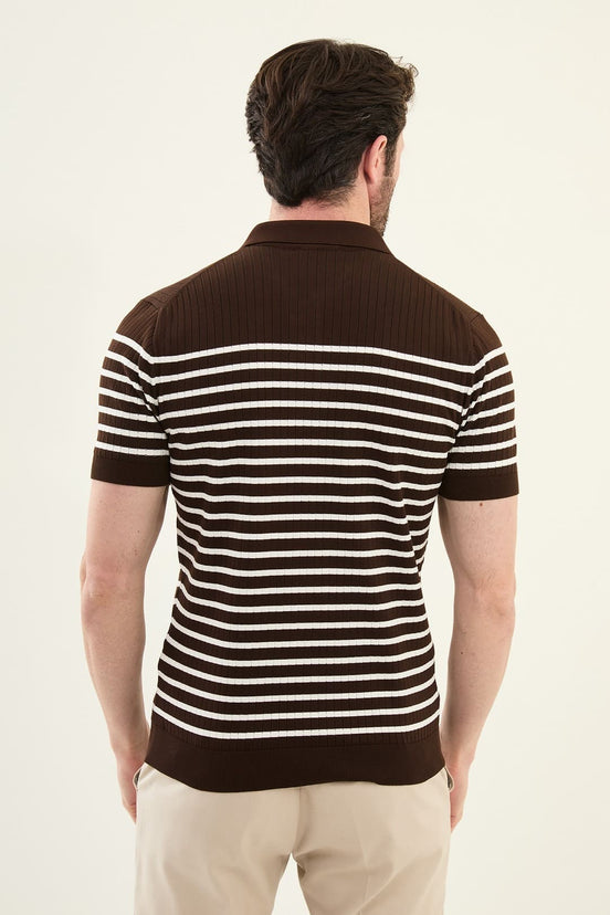 Striped Brown Ribbed Polo Shirt