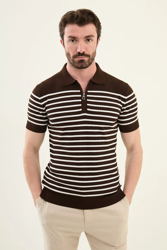 Striped Brown Ribbed Polo Shirt