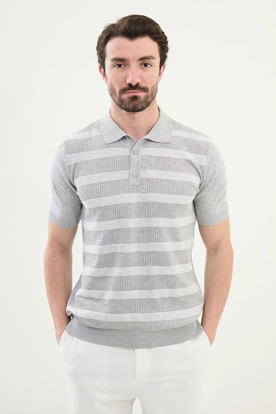 Striped Grey Knit Polo Shirt