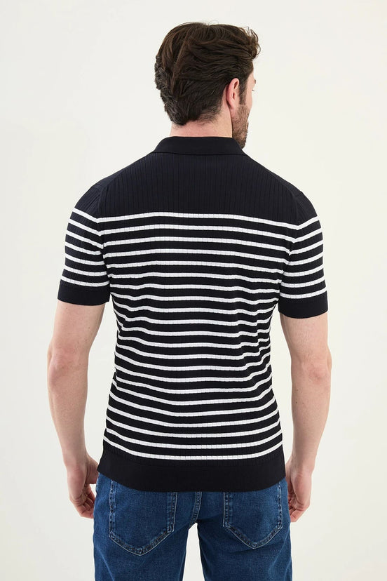 Striped Navy Blue Ribbed Polo Shirt