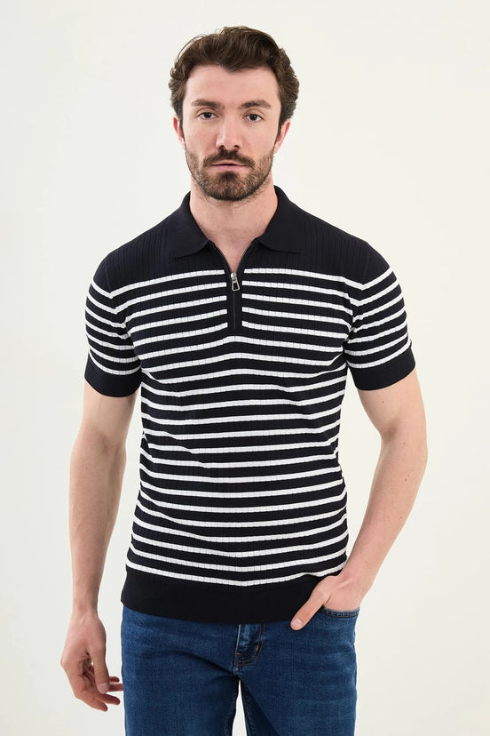 Striped Navy Blue Ribbed Polo Shirt
