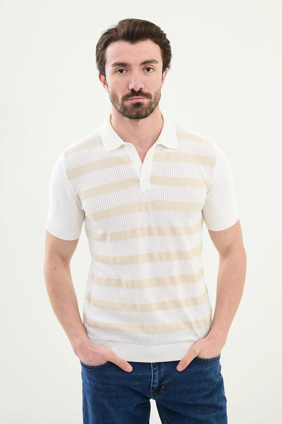 Striped Off White Knit Polo Shirt