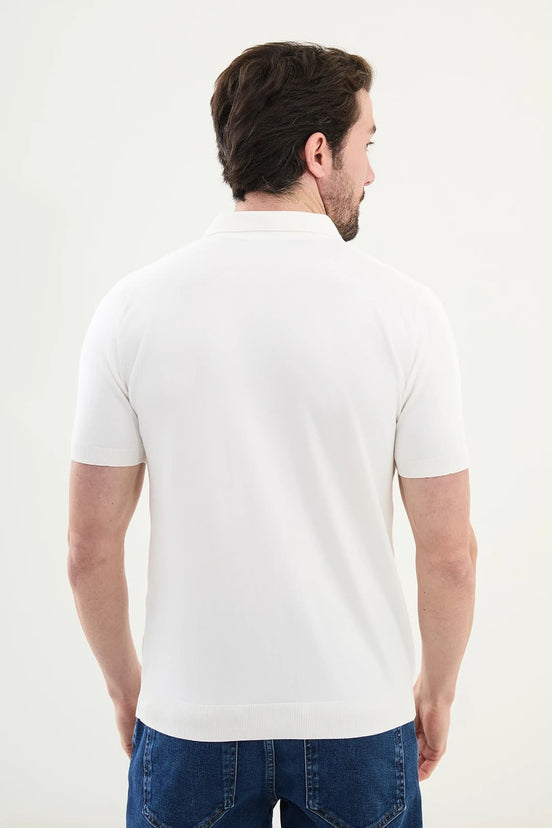 Striped Off White Knit Polo Shirt