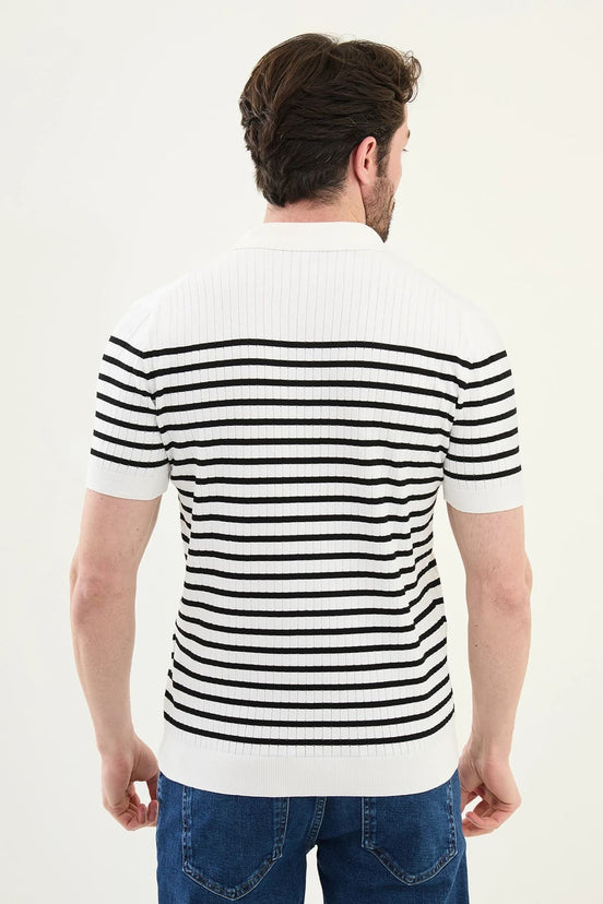 Striped Off White Ribbed Polo Shirt