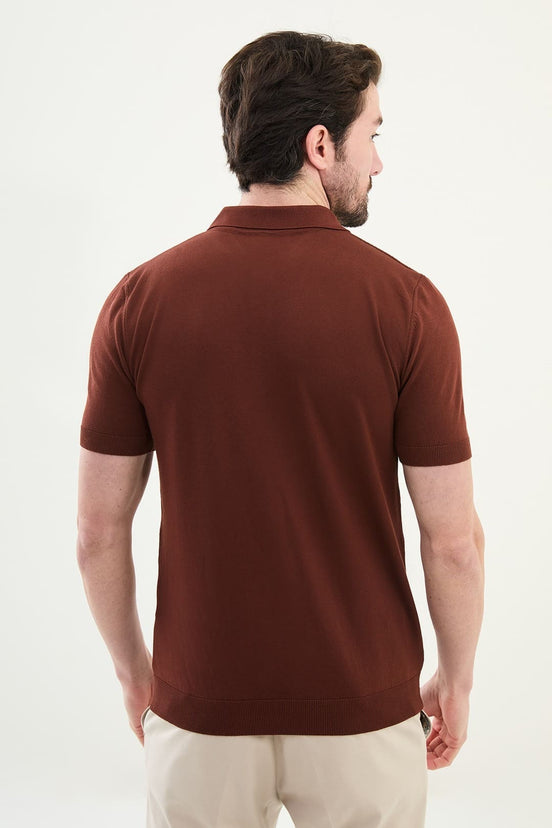 Striped Rust Brown Knit Polo Shirt