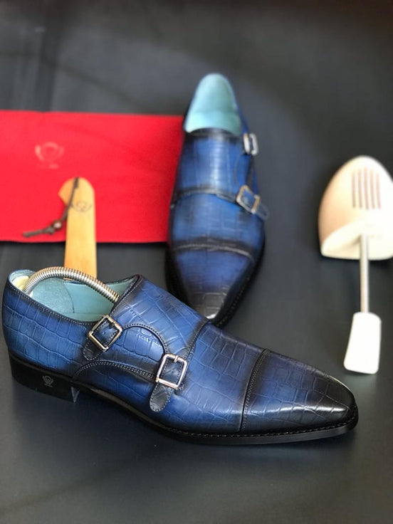The Agrona Cap Toe Blue Double Monk Strap Shoes