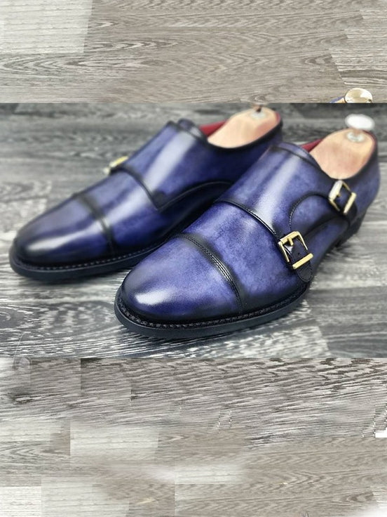The Avra Cap Toe Navy Blue Double Monk Strap Shoes