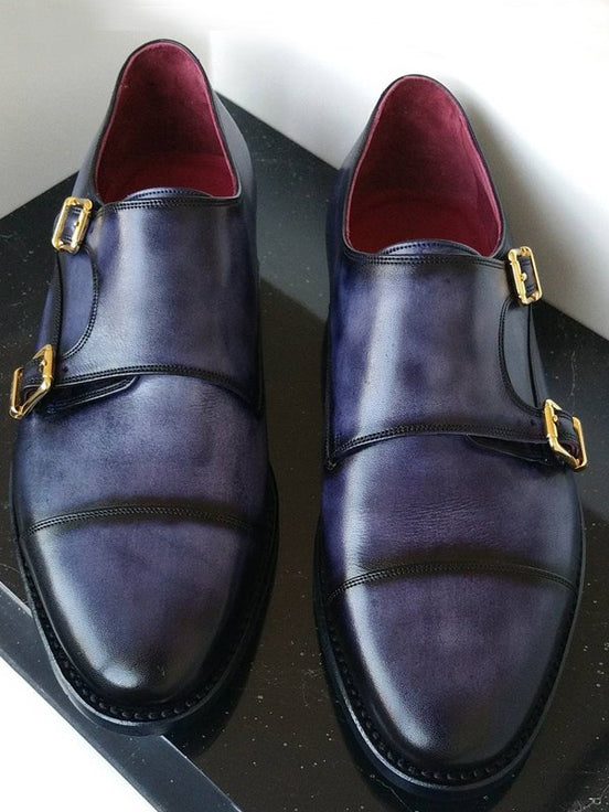 The Avra Cap Toe Navy Blue Double Monk Strap Shoes