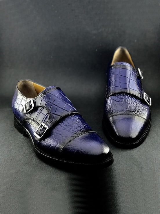 The Nunzia Cap Toe Navy Blue Double Monk Strap Shoes