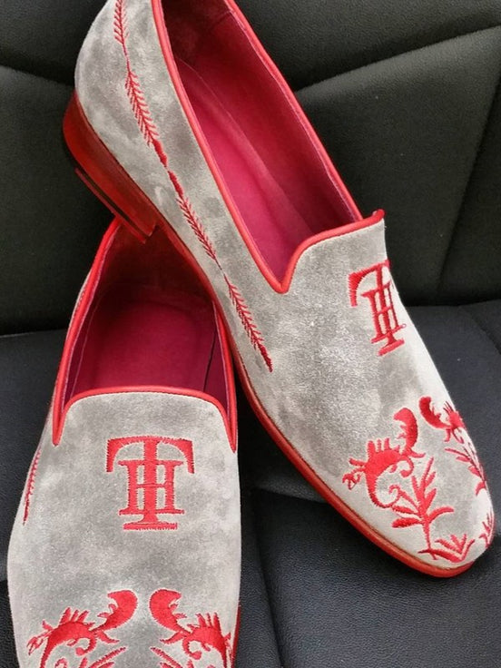 The Sumptuous Embroidered Gray Suede Loafers