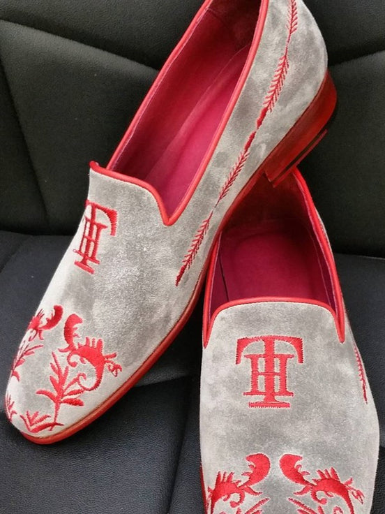 The Sumptuous Embroidered Gray Suede Loafers