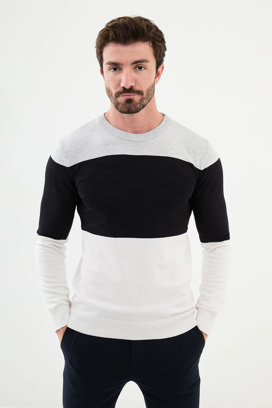 Ames Tri Color Crew Neck Wool Sweater - White