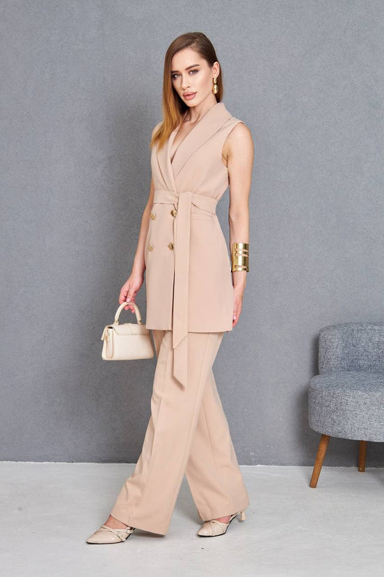Women Sleeveless Light Brown 2 Piece Suit