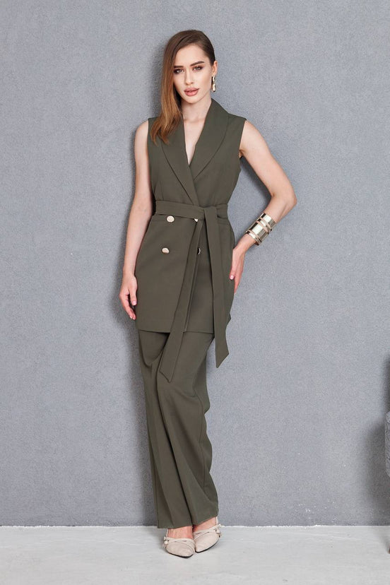 Women Sleeveless Olive Green 2 Piece Suit