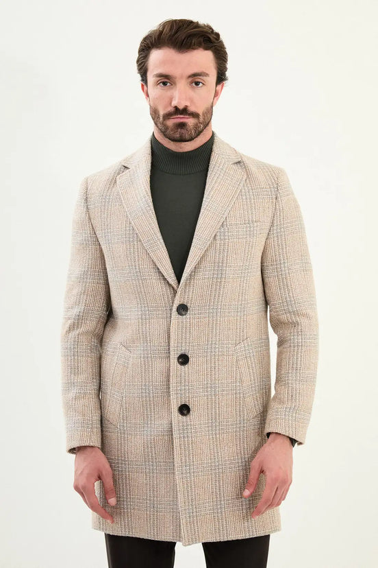 Beige Plaid Wool Long Coat