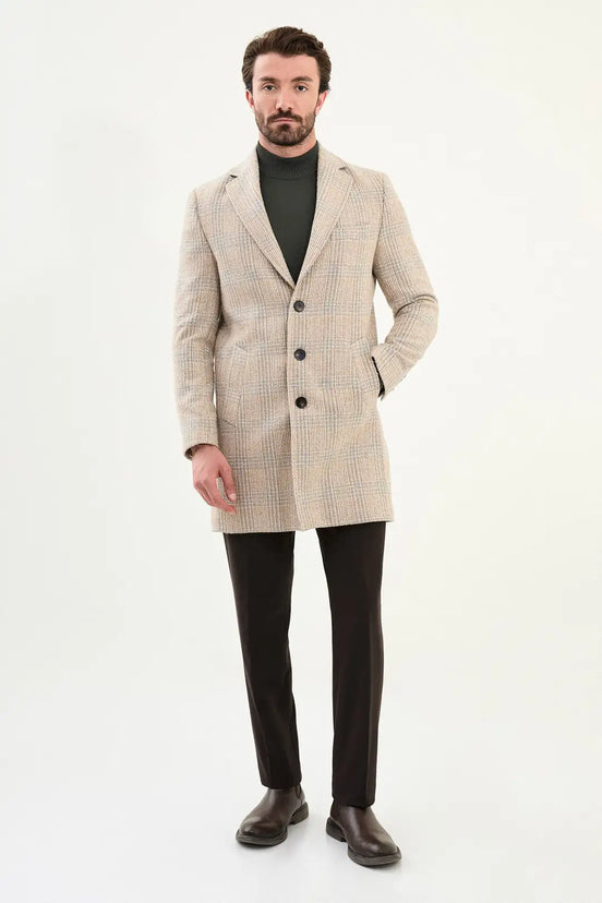 Beige Plaid Wool Long Coat