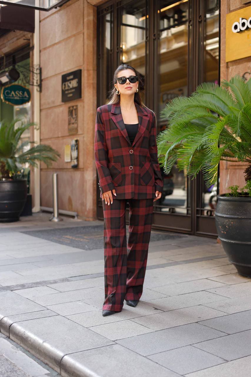 Burgundy Plaid Suit Women