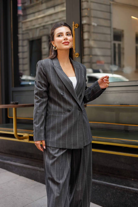 Dark Gray Pinstripe Double Breasted Suit Women