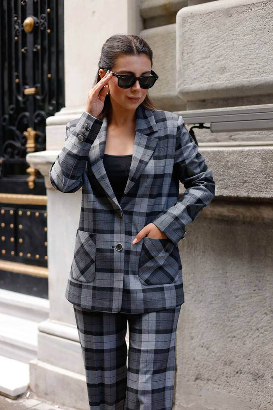 Dark Gray Plaid Suit Women
