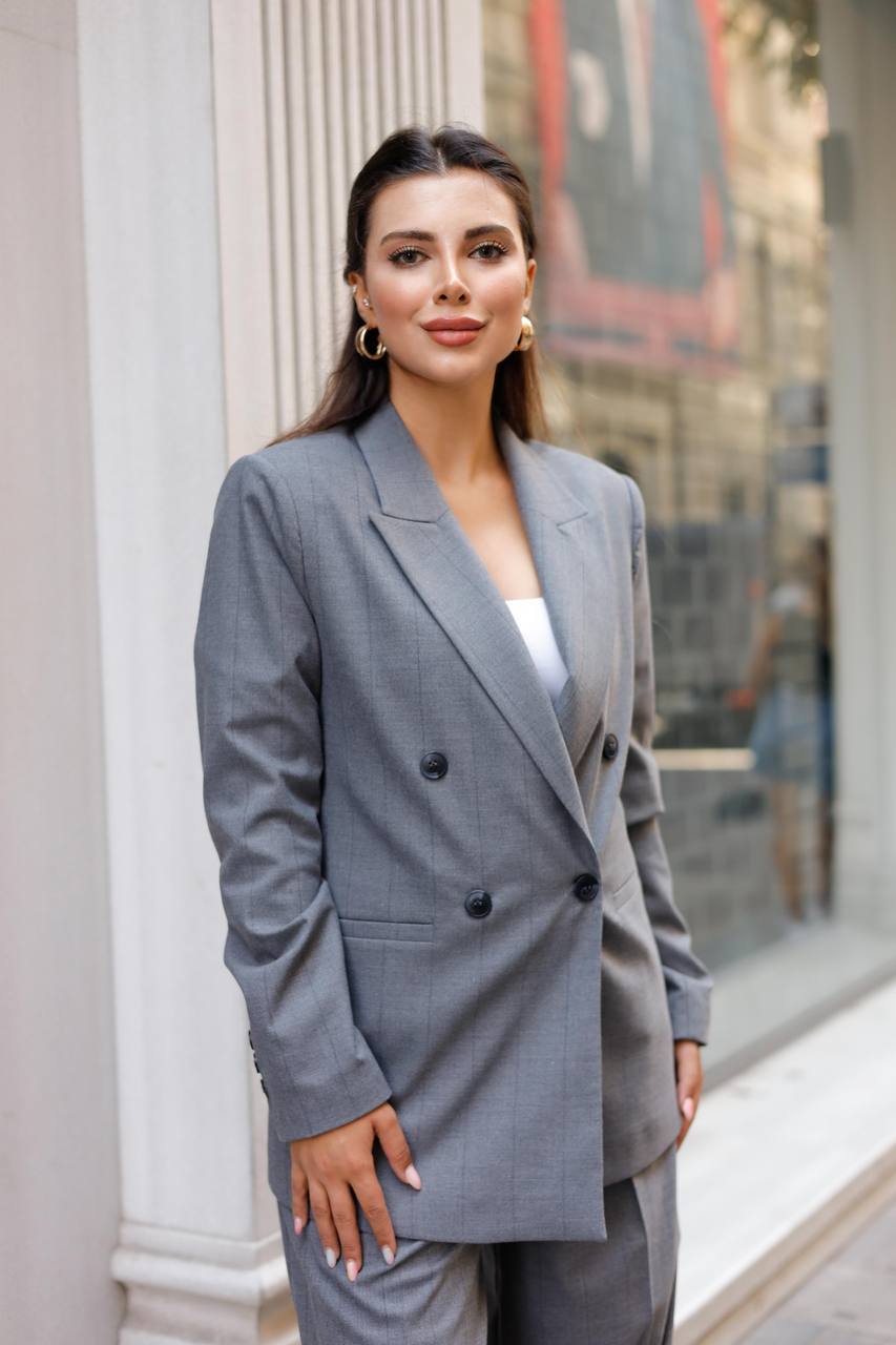 Gray Pinstripe Double Breasted Suit Women