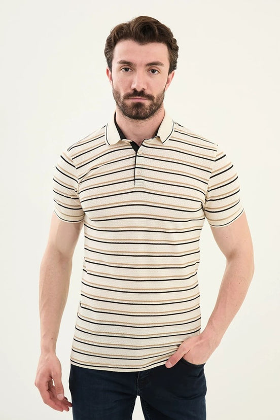 Marina Mens Striped Polo Shirt Beige