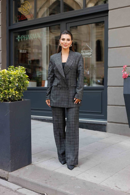 Plaid Black Double Breasted Suit Women