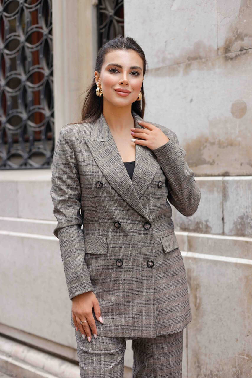 Plaid Brown Double Breasted Suit Women