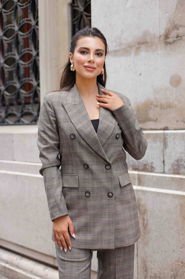 Plaid Brown Double Breasted Suit Women