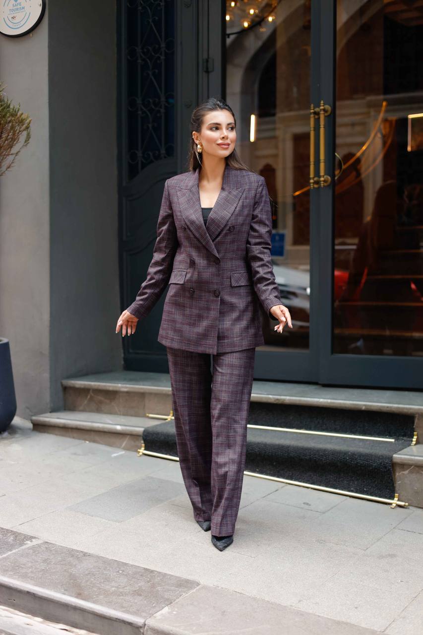 Plaid Burgundy Double Breasted Suit Women