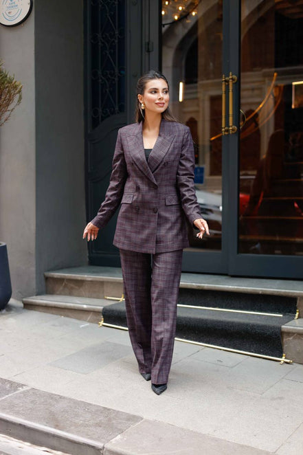 Plaid Burgundy Double Breasted Suit Women